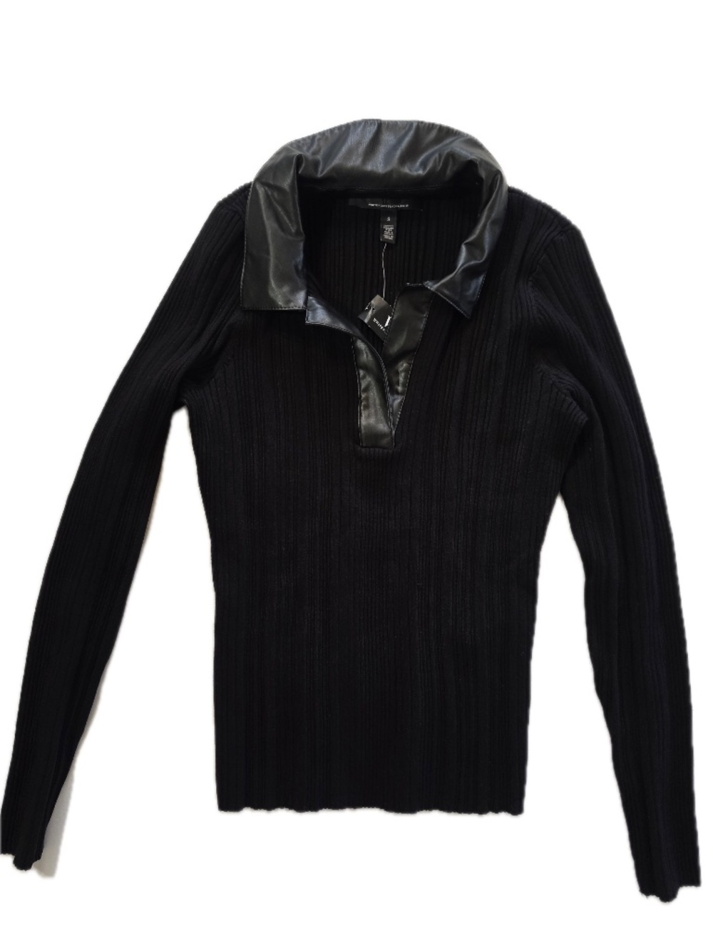 White House Black Market Sweater Womens S Black Rib Collared Faux Leather